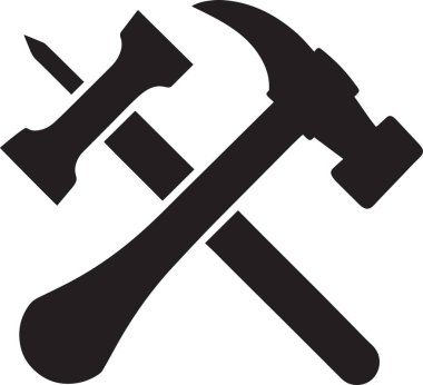 Kalın siyah siluet vektör çizimi iki çapraz çekiç yapıyı ve işçiliği temsil eden X desenini oluşturuyor.