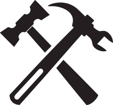 Marangozluğu ve inşaatı temsil eden iki çapraz pençe çekiçli siyah kalın siluet vektör çizimi