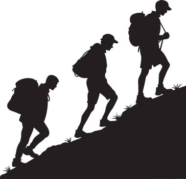 Sırt çantalı bir grup yürüyüşçünün siyah siluet vektörü yokuş yukarı bir çizgi biçiminde yürüyor