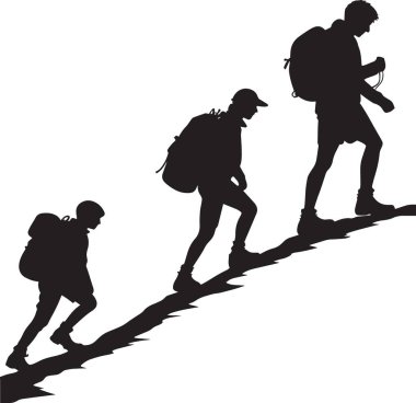 Sırt çantalı ve teçhizatlı dağcıların dik bir dağ yamacında yokuş yukarı yürüyüşlerinin siyah siluet vektör çizimi