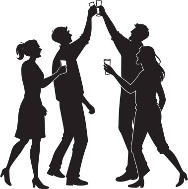 Bir grup insanın bir partide içkilerini yudumlayan ve kadehlerini kaldıran siyah siluet bir vektör.