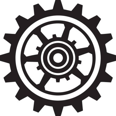 Bir endüstriyel tasarımda birbirine kenetlenmiş mekanik dişli ve dişlilerin siyah ve beyaz vektör silueti