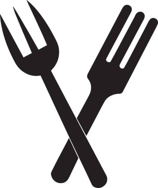 Restoran veya yemek ikonu için çapraz çatal ve bıçak aletlerinin siyah ve beyaz vektör silueti