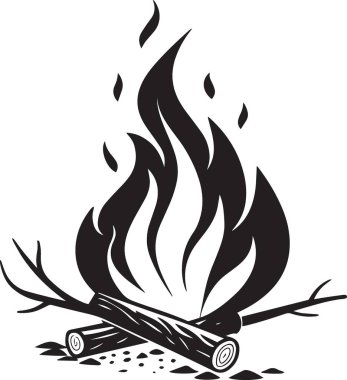 Siyah ve beyaz bir şenlik ateşinin silueti. Yükselen alevleri ve yanan odunları var.