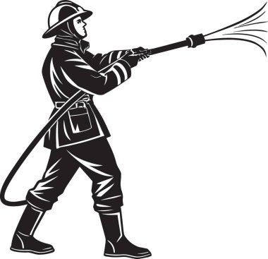 Koruyucu giysili bir itfaiyecinin siyah beyaz vektör silueti aktif olarak hortumdan su püskürtüyor.