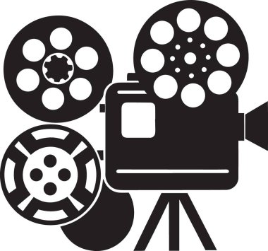 Klasik sinema için film makaraları olan klasik bir film projektörünün siyah ve beyaz vektör silueti
