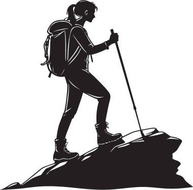 Sırt çantalı bir kadın yürüyüşçünün siyah ve beyaz vektör silueti ve patikada duran yürüyüş direkleri.