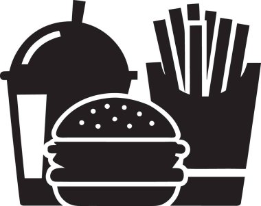 Hamburgerin siyah beyaz vektör silueti patates kızartması ve fast food seti.