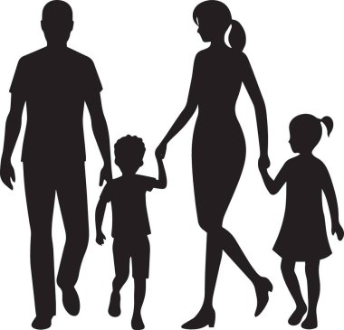 Siyah-beyaz bir anne silueti iki küçük çocukla el ele yürüyor.