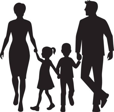 Siyah ve beyaz vektör silueti. Ailesi ve üç çocuğu birlikte yürüyen.