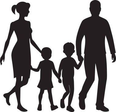 Siyah-beyaz bir baba silueti. Anne ve iki çocuk bir aile olarak bir arada duruyorlar.