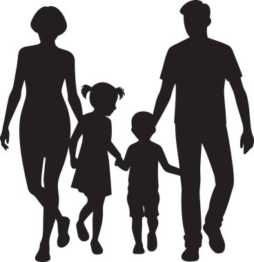 Siyah-beyaz vektör silueti. Aile bireyi olarak çocuklarının elini tutan ebeveynler.