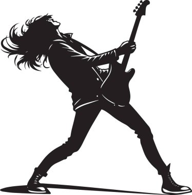 Bir rock gitaristinin siyah ve beyaz vektör silueti dalgalı saçlarıyla elektro gitar çalıyor.