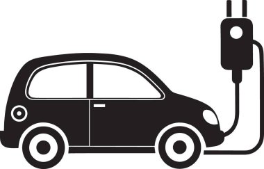 Elektrikli arabanın siyah beyaz vektör silueti şarj istasyonuna yıldırım sembolü takılı.