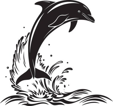 Okyanus ve deniz temalı tasarımlar için mükemmel bir şekilde okyanus dalgalarından sıçrayan bir yunusun siyah ve beyaz vektör silueti