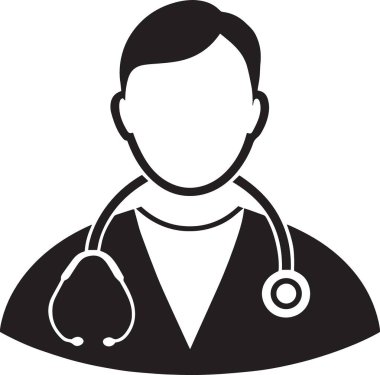 Steteskobu olan bir erkek doktorun siyah ve beyaz vektör silueti sağlık ve tıbbi tasarım için mükemmel.