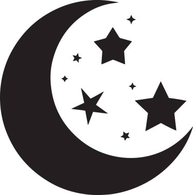 Gece gökyüzü ve dini tasarım için ideal üç yıldızlı cesur hilal ayının siyah ve beyaz vektör silueti