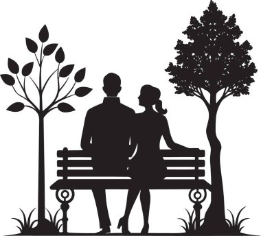 Aşk romantizmi ve park tasarımları için mükemmel ağaçların altındaki bankta oturan romantik bir çiftin siyah beyaz vektör silüeti.