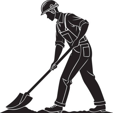 İnşaat işleri ve iş temalı tasarımlar için uygun kürek kazan bir inşaat işçisinin siyah ve beyaz vektör silueti