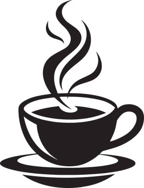 Sıcak kahve fincanının siyah ve beyaz vektör silueti kahve dükkanı ve içecek tasarımları için mükemmel bir fincan tabağı üzerinde.