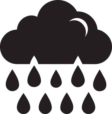 Şiddetli yağmur bulutunun siyah ve beyaz vektör silueti. Hava tahmini ve mevsimsel tasarımlar için uygun büyük yağmur damlaları.