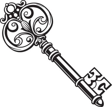 Süslü, eski bir iskelet anahtarın siyah ve beyaz vektör silueti. Dekoratif kaydırmalı. Antik gizem ve güvenlik tasarımları için mükemmel.