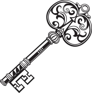 Dekoratif iskelet anahtarının siyah ve beyaz vektör silueti. Eski antika ve gizem temalı tasarımlar için özenle hazırlanmış kaydırma çalışması ideal.