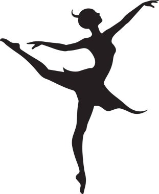 Kolları açık bir şekilde arabesk dansı yapan bir balerinin zarif siyah siluet vektörü, dans ve sahne sanatları tasarımları için mükemmel.