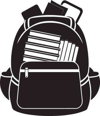 Kitap ve okul malzemeleriyle dolu bir sırt çantasının ayrıntılı siyah siluet vektörü, eğitim öğrenimi ve akademik temalı grafik tasarımlar için ideal