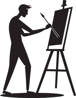 Resim sehpasında çalışan bir ressamın ayrıntılı siyah siluet vektörü, sanat eğitimi yaratıcılığı ve stüdyo temalı grafik tasarımları için mükemmel.