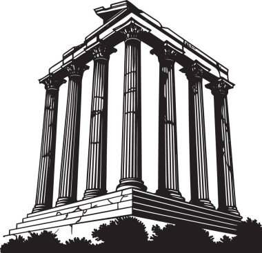 Mimarlık tarihi ve antik uygarlık tasarımları için ideal klasik sütunları ve pedikürleri olan bir Yunan tapınağının ayrıntılı siyah-beyaz çizimi