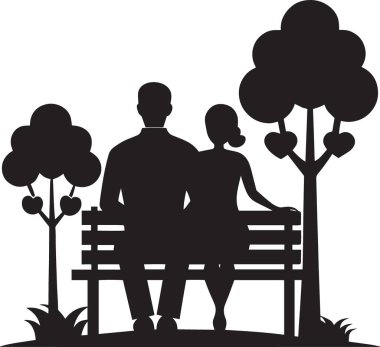 Romantik siyah siluet vektörü bir çiftin parkta ağaçlar ve kalplerle birlikte oturması, aşk ilişkisi ve park temalı tasarımlar için mükemmel.