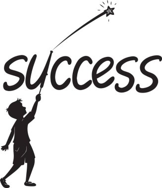 Başarı mesajı ve havai fişeklerle kayan bir yıldıza uzanan çocukların siyah vektör silueti neşe verici bir başarıyı ve finansal başarıyı temsil ediyor.