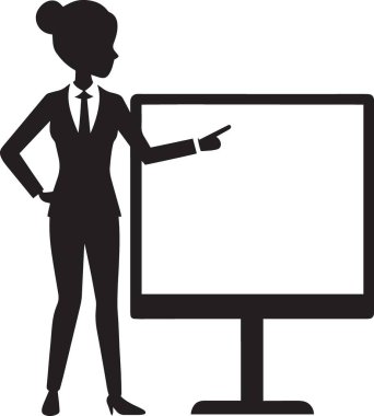 Takım elbiseli bir işadamının siyah vektör silueti bir sunum panosunu işaret ederek kurumsal finansal sunumu ve borsa analiz toplantısını temsil ediyor.