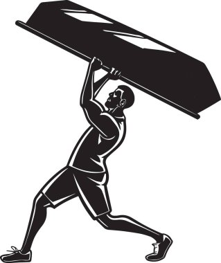 Omzunda büyük bir altın külçesi taşıyan güçlü bir adamın siyah vektör silueti altın yatırımı ve değerli metallerin ticaret yükünü temsil ediyor.