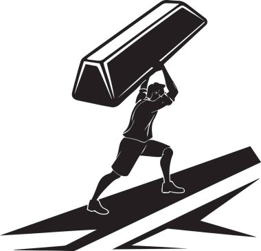 Siyah vektör silueti, büyük bir altın çubuğu taşırken koşan bir adamın hızlı altın ticaretini ve acil değerli metalleri temsil eden yatırımını temsil ediyor.