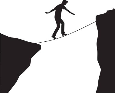 Borsa risk dengesini ve istikrarsız finansal kararları temsil eden iki uçurum kenarında gergin ipte yürüyen bir kişinin kara vektör silueti