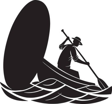 Suda kürek çeken bir adamın siyah ve beyaz vektör silueti azim, yolculuk, tek başına çaba, navigasyon ve istikrarlı ilerlemeyi temsil ediyor.