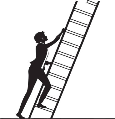 Siyah ve beyaz vektör silueti üzerinde bozuk para veya madalyayla yüksek bir merdiveni tırmanan, başarıya, kariyer ilerlemesine ve hedeflere ulaşmayı temsil eden bir kişi.