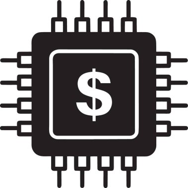 Fintech, dijital finans, teknoloji yatırımı ve elektronik parayı temsil eden dolar işareti sembollü bir bilgisayar mikroçipinin siyah ve beyaz vektör silüeti