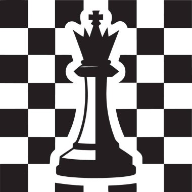 Karmaşık strateji ve oyun teorisini temsil eden kareli bir tahtaya yerleştirilmiş vezir ve papaz dahil birçok satranç taşının siyah ve beyaz vektör silueti