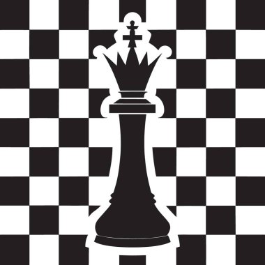 Satranç kralı ve kraliçe taşlarının siyah ve beyaz vektör silueti satranç tahtasında duruyor, stratejiyi, rekabeti ve stratejik düşünceyi temsil ediyor.
