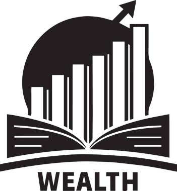 Yükselen bar çizelgesi sütunları ve zenginlik sözcüğüyle açık bir kitabın siyah ve beyaz vektör silüeti, mali eğitimi ve zenginlik inşa bilgisini temsil ediyor.