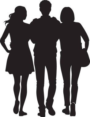 Bir grup gencin arkadaş olarak yürüdüğü siyah ve beyaz vektör silueti, gençlik kültürü, toplum ve sosyal bağlantıyı temsil ediyor