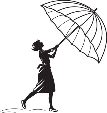 Zarif bir kadının siyah ve beyaz vektör silueti açık bir şemsiyeyi zarif bir pozla tutarken yürüyor.