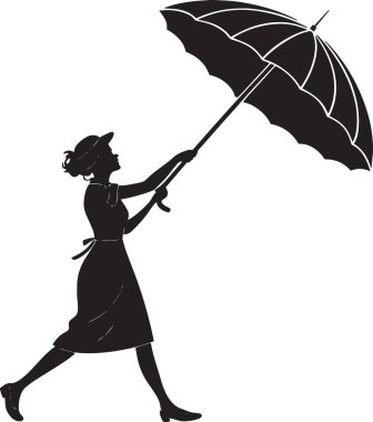 Fırtınalı bir havada elinde şemsiye tutan bir kadının siyah-beyaz silueti güçlü bir rüzgarla savruluyor.