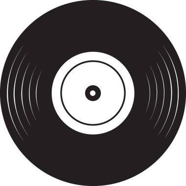 Klasik vinil plak diskinin siyah ve beyaz vektör silueti yivleri ve merkez etiketi görünür