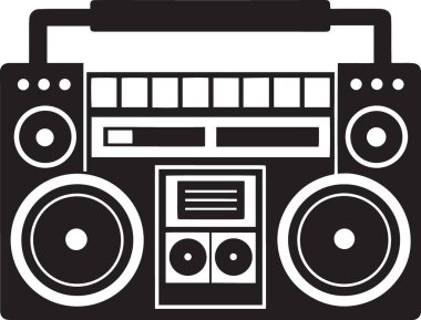 İkili hoparlörler ve kaset desteli geniş bir retro boombox stereo sisteminin siyah ve beyaz vektör silueti