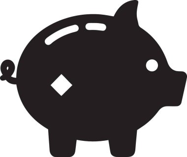 Siyah-beyaz bir domuz kumbarası silueti. Üstünde bozuk para yuvası ve tasarruf için kıvrık bir kuyruk var.