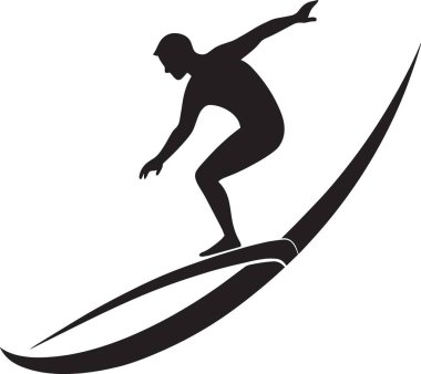 Siyah ve beyaz vektör silueti, başarı dalgasını temsil eden dinamik bir dalgada sörf yapan ya da yukarı doğru giden bir adamın silüeti.